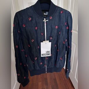 NWT Love Moschino Embroidery Ladybug Denim Baseball Bomber Jacket US 6